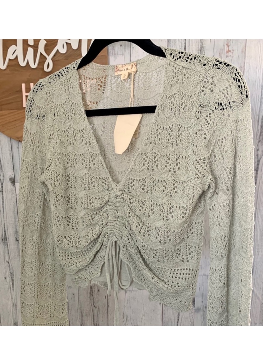 Hem & Thread Sage Green Ruched Knit Sweater L | Boho Chic Coastal Cozy